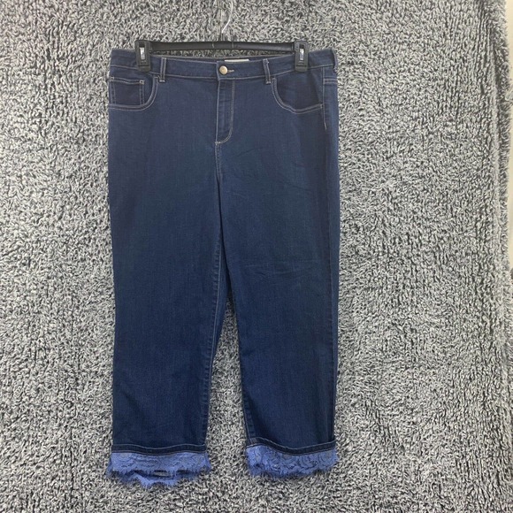 LOGO by Lori Goldstein Dark Blue Ankle Jeans w/ lace trim - Picture 2 of 12
